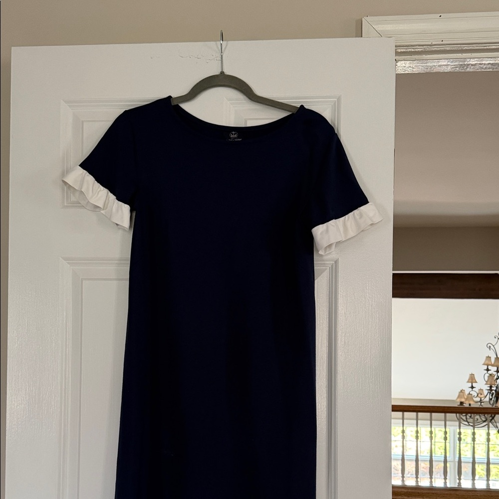 Navy Mini Dress with White Ruffle Sleeve Trim
